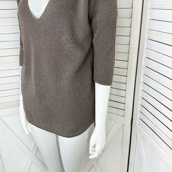 Express Deep V Neck Metallic Thread Tunic Sweater Taupe Brown Copper Small - Picture 5 of 12